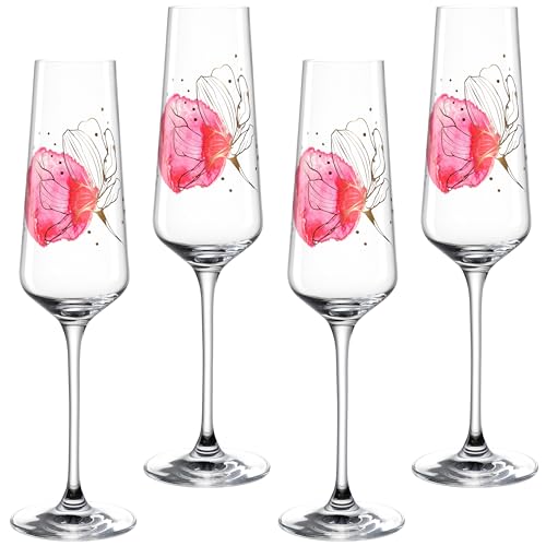 LEONARDO Presente Sektglas Set 4-teilig - Glas für Sekt, Prosecco, Schaumwein aus Kristallglas - Mit Blumendruck - Inhalt 280 ml - Spülmaschinengeeignet - 4er Set Sekt Gläser, 044483 von LEONARDO HOME