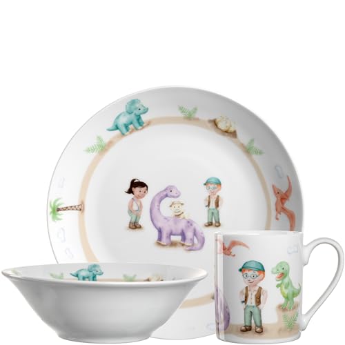 LEONARDO HOME Bambini Avventura Kinder Geschirr-Set 3-teilig - Kinder-Geschirr aus Porzellan - Spülmaschinenfest, mikrowellengeeignet - 3er Set Schale, Tasse und Teller mit Motiv Dino, 022805 von LEONARDO HOME
