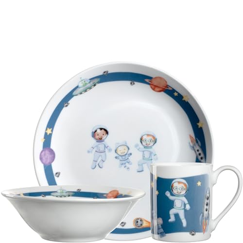 LEONARDO HOME Bambini Avventura Kinder Geschirr-Set 3-teilig - Kinder-Geschirr aus Porzellan - Spülmaschinenfest, mikrowellengeeignet - 3er Set Schale, Tasse und Teller mit Motiv Weltall, 022799 von LEONARDO HOME