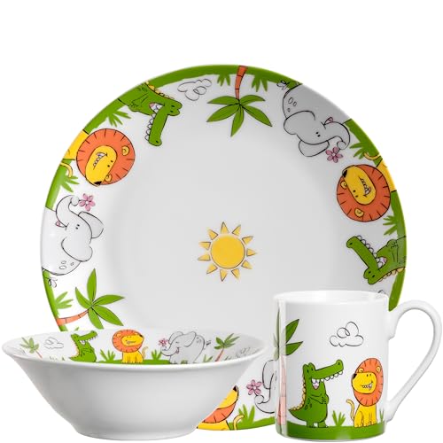 LEONARDO HOME Bambini Kinder Geschirr-Set 3-teilig - Kinder-Geschirr aus hochwertigem Porzellan - Spülmaschinenfest, mikrowellengeeignet, robust - Mit Tier-Motiven Löwe, Elefant, Krokodil, 023152 von LEONARDO HOME