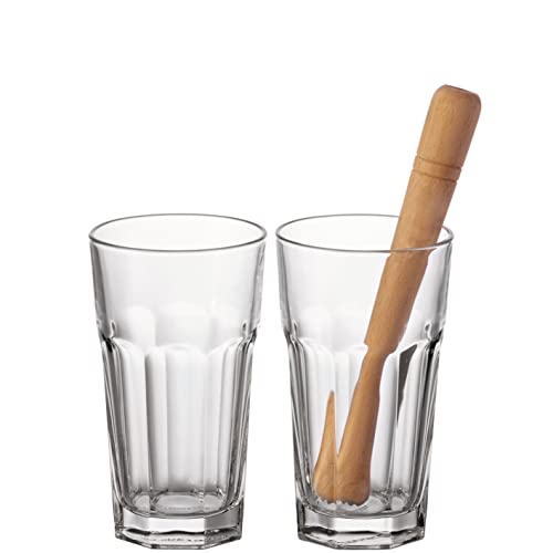 Leonardo Bar Longdrink-Gläser mit Stößel, 2 x spülmaschinengeeignete Mojito, Caipirinha oder Wasser-Gläser inkl. Holz-Stampfer, 3er Set, 540 ml, 073756 von LEONARDO HOME