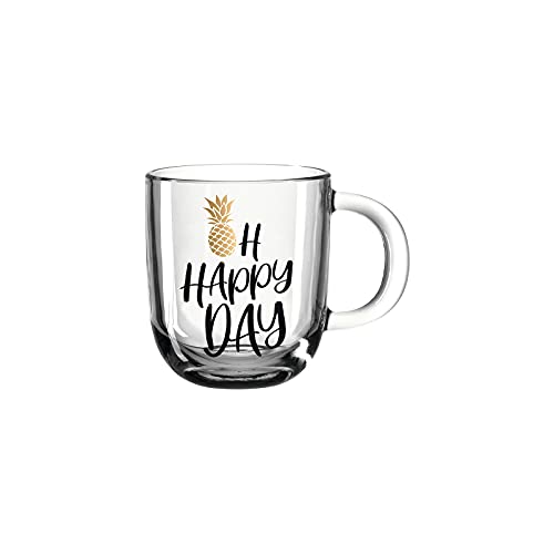 Leonardo Emozione Geschenk Tasse oh happy day, 1 Stück, spülmaschinengeeignete Glas-Tasse, Tee-Tasse mit Ananas Motiv und Schriftzug, 400 ml, 046412 von LEONARDO HOME