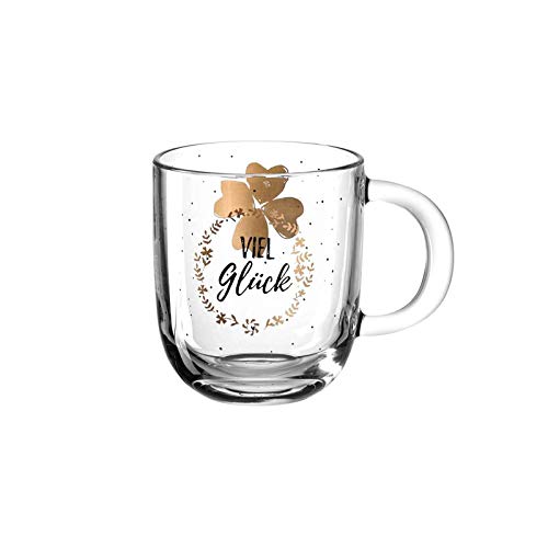 Leonardo Emozione Geschenk Tasse viel Glück, 1 Stück, spülmaschinengeeignete Glas-Tasse, Tee-Tasse mit Kleeblatt Motiv und Schriftzug, 400 ml, 046452 von LEONARDO HOME