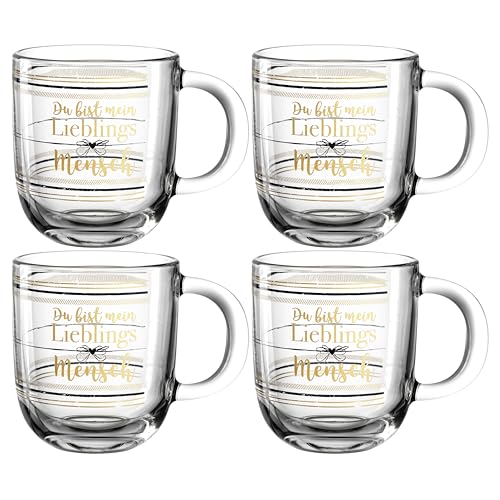 Leonardo Emozione Geschenk Tassen Lieblingsmensch, 4 Stück, spülmaschinengeeignete Glas-Tassen, Tee-Tassen mit goldenem Schriftzug, 400 ml, 046453 von LEONARDO HOME