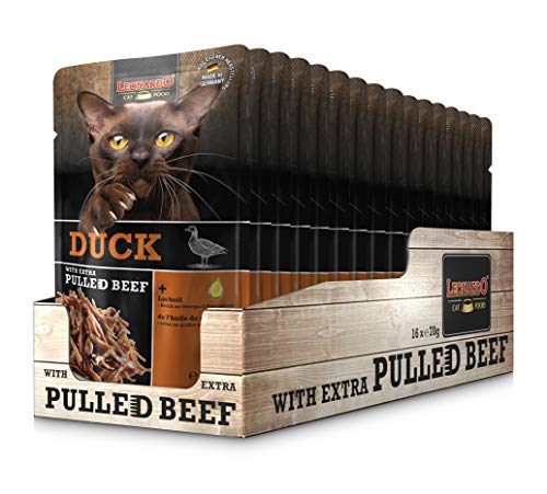 Leonardo Frischebeutel [16x70g Duck mit Fleischstreifen] Pulled Beef | Getreidefreies Nassfutter für Katzen | Alleinfuttermittel Katzenfutter von Leonardo
