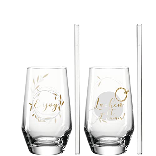 Leonardo Presente Trink-Gläser 4 teilig, spülmaschinenfeste Wasser-Gläser mit Gravur und Strohhalm, Motiv Enjoy Saft-Glas Geschenk-Set 365 ml 029182 von LEONARDO HOME