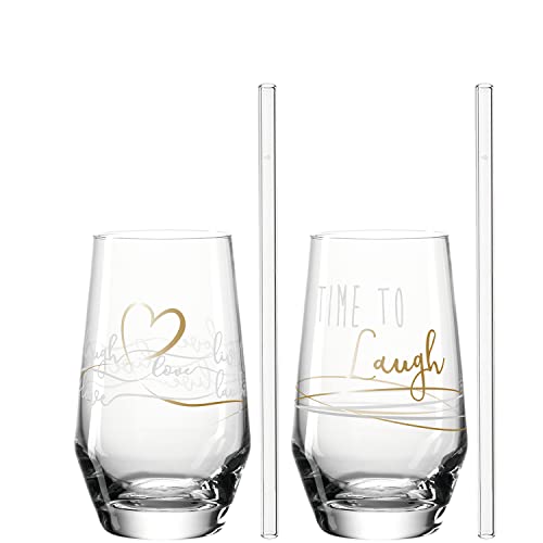 Leonardo Presente Trink-Gläser 4 teilig, spülmaschinenfeste Wasser-Gläser mit Gravur und Strohhalm, Motiv Laugh Saft-Glas Geschenk-Set 365 ml 029183 von LEONARDO HOME