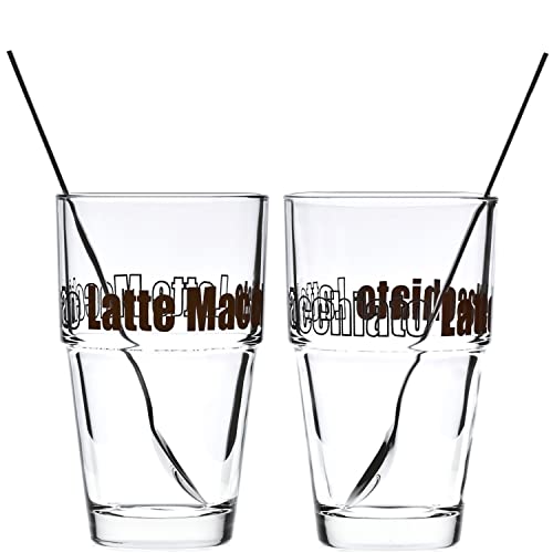 Leonardo Solo Kaffee Gläser 2er Set, Glas-Becher mit Latte-Macchiato Aufdruck inklusive Löffel, spülmaschinengeeignet, 4 teilig, 410 ml 042555 von LEONARDO HOME