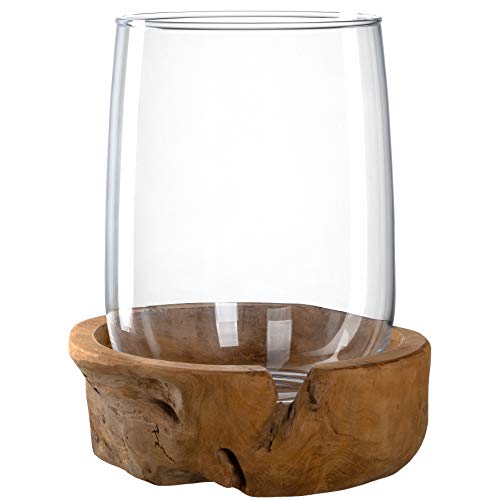 Leonardo Terra Windlicht mit Teakholz Sockel, handgefertigter Kerzenhalter, Teelicht Vase aus Klarglas, Höhe 27 cm, Durchmesser 23 cm, 084409 von LEONARDO HOME