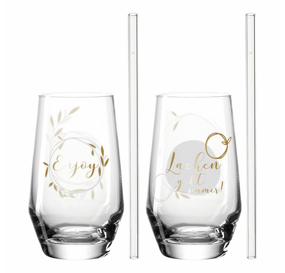 LEONARDO Gläser-Set Presente Lachen 2er Set mit 2 Glastrinkhalmen 365, Glas von LEONARDO