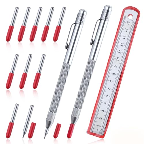 LEONTOOL 2 Stück Wolframstahl Ritzer mit Magnet Austauschbare Spitze Ritzwerkzeug mit extra 10 Ersatz Markierungsspitze 1 Lineal Ätzen Gravur Stift für Glas, Holz, Blech, Leder von LEONTOOL