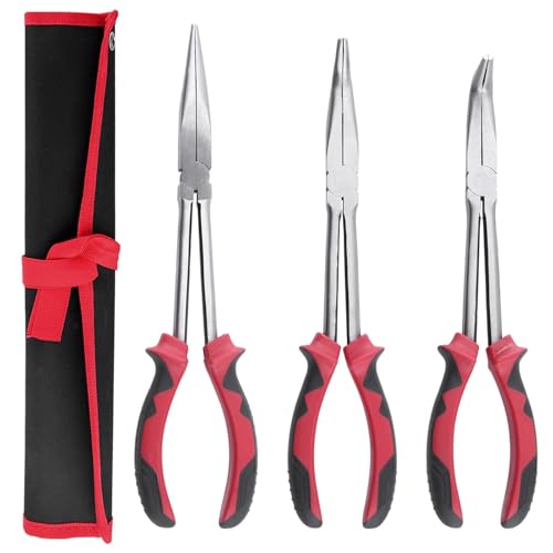 LEONTOOL 3-teiliges Spitzzangen-Set, 27,9 cm, extra lang, gerade, 45 Grad, 90 Grad gebogene Spitzzange mit gezackter Backe, langer Griff für enge Räume von LEONTOOL