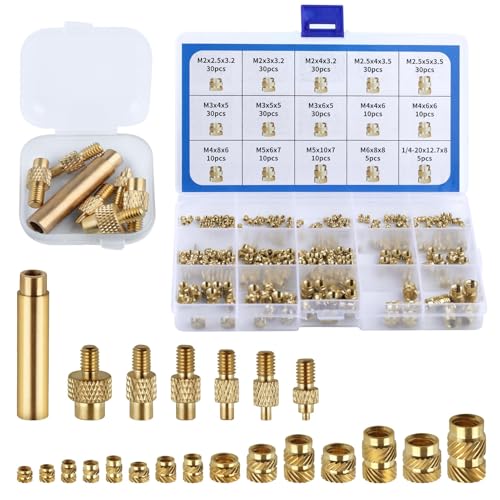 LEONTOOL 307-teiliges Gewindeeinsatz-Set, M2-M6 1/4-20 metrische Rändelmuttern, Heizeinsätze aus Messing mit Schweißadaptern für Kunststoff- und 3D-Druckkomponenten von LEONTOOL