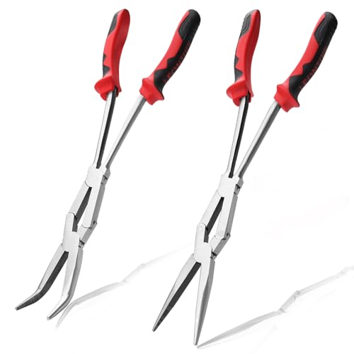 LEONTOOL 2-teiliges Doppelgelenk-Spitzzangen-Set, 13-Zoll, gerade und 45-Grad gebogen, extra lange Spitzzange mit gezackter Backe, lange Reichweite für schwer erreichbare schmale Räume von LEONTOOL