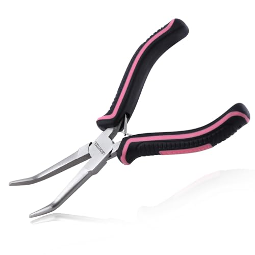 LEONTOOL Mini gebogene Spitzzange Glatte Backen Kleine gebogene Spitzzange Pinzette Lange Nase Zange Schmuckzange Rosa Werkzeug für die Schmuckherstellung, Drahtwickeln und Greifen von Gegenständen von LEONTOOL