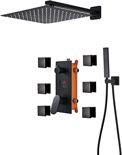 LEOSXA Duschsystem, Temperaturanzeige, Unterputz-Duschkombination, mattschwarzes Duschmischbatterie-Set mit 6 Körperbrausen mit Messing-Handbrause und Wasserfall-Regendusche, 16 Zoll LEOSXA Duschsystem, Temperaturanzeige, Unterputz-Duschkombination, mattschwarzes Duschmischbatterie-Set mit 6 Körperbrausen mit Messing-Handbrause und Wasserfall-Regendusche, 16 Zoll von LEOSXA