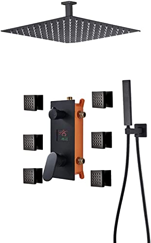 LEOSXA Duschsystem Temperaturanzeige Unterputz-Duscharmatur-Set Mattschwarzes Duschmischbatterie-Set mit 6 Körpersprays mit Messing-Handbrause und Wasserfall-Regenduschkopf, 16 Zoll von LEOSXA