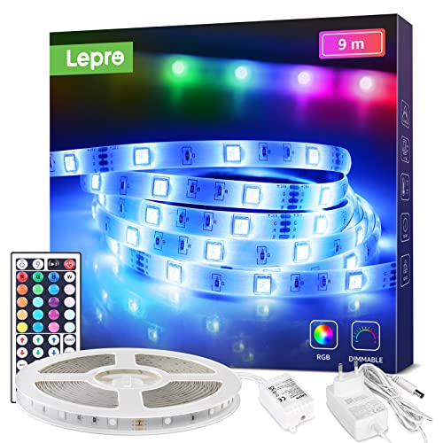 Lepro LED Strip 9M, RGB LED Streifen Selbstklebend 5050 SMD, LED Band 24VDC, LED Lichtband IP20, LED Leiste Lichterkette Dimmbar mit Netzteil Fernbedienung Controller für Haus, Party, Küche von Lepro