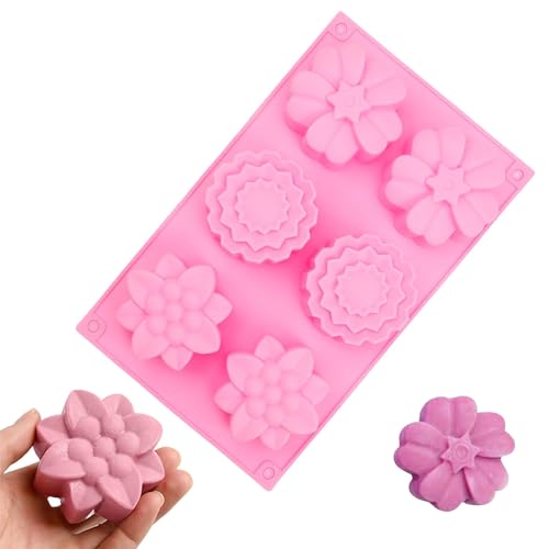 LERANXIN Silikonform Seife, 6-Fach Seifenform, Blumenförmig Seifenformen Silikon, Rosa Seifen Formen zum Gießen, mit 3 Blumenmotiven, für Herstellung von Seife und Schokolade von LERANXIN