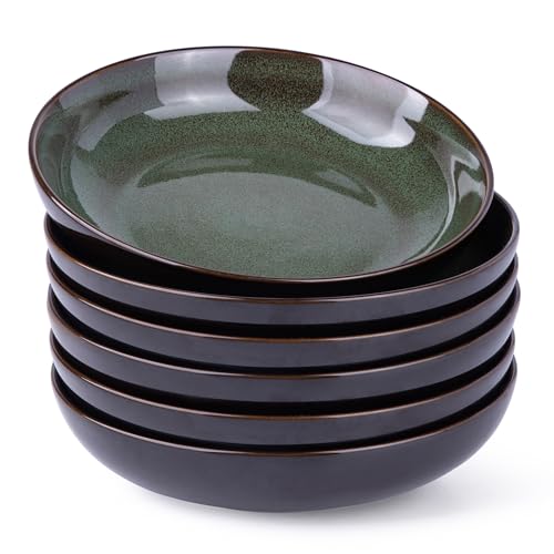 LERATIO Große Nudelschalen, Keramik, Pastaschüsseln, 22,9 cm, reaktive Glasur, 4er-Set, mikrowellen- und spülmaschinenfest, ofenfest, breite Servierschalen für Salat, Nudeln, Obst, kratzfest, Grün von LERATIO