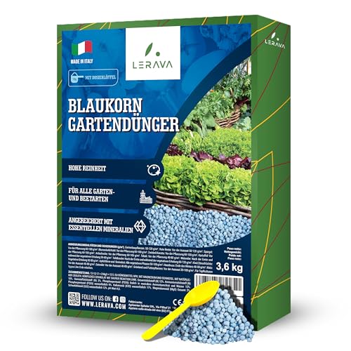 LERAVA® Blaukorn Gartendünger – 3,6kg - hochwertiger Tomatendünger - für alle Garten- und Beetarten - Blaukorn verbessert das Pflanzenwachstum – NPK Dünger - Made in Italy von LERAVA
