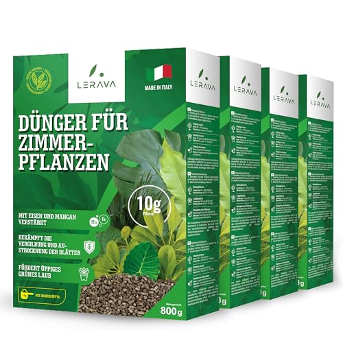 LERAVA® Dünger Zimmerpflanzen - 4 x 800g - Grünpflanzendünger mit Eisen und Manganzusatz gegen Vergilbung und Blatttrockenheit - Pflanzendünger für üppiges grünes Laub - 100% Made in Italy von LERAVA