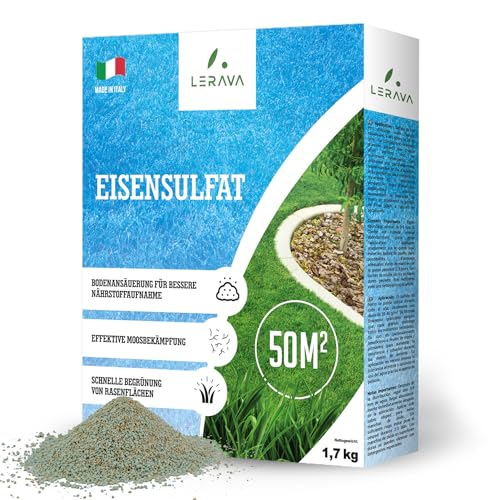 LERAVA® Eisensulfat [50m²] - Versorgung mit Eisen, Kalium, Magnesium - Moosvernichter Rasen- Bodenansäuerung für bessere Nährstoffaufnahme - Für jeden Rasentyp -Eisendünger Rasen – Rasendünger Eisen von LERAVA