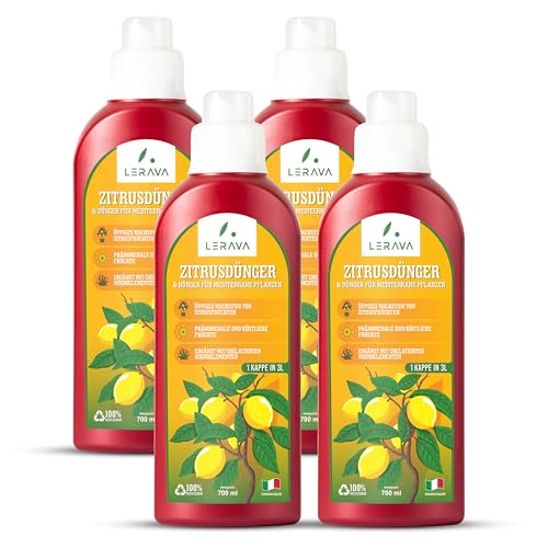 LERAVA® zitrusdünger flüssig - 4 x 700ml mit Dosierkappe - zitruspflanzendünger für üppiges Wachstum mit gesunden, saftigen Früchten - mit chelatierten Spurenelemente - Flüssigdünger “Made in Italy” von LERAVA