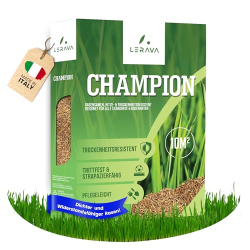 LERAVA CHAMPION Rasensamen [trockenresistent] – trittfest und strapazierfähiger Grassamen Rasen - resistente Nachsaat Herbst - schnellkeimender Rasensamen Turbo - 10m² von LERAVA