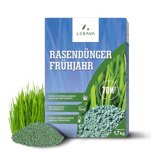 LERAVA Rasendünger Frühjahr - Langzeitdünger - dichter, tiefgrüner & robuster Rasen statt Moos & Unkraut - Ideal beim Einsatz von Mährobotern - 150m² von LERAVA