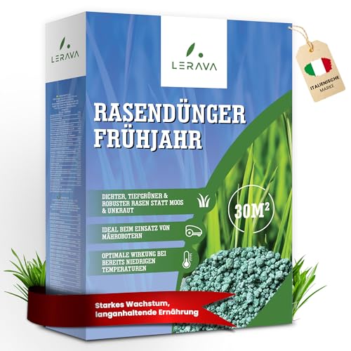 LERAVA Rasendünger Frühjahr - Langzeitdünger - dichter, tiefgrüner & robuster Rasen statt Moos & Unkraut - Ideal beim Einsatz von Mährobotern - 30m² von LERAVA