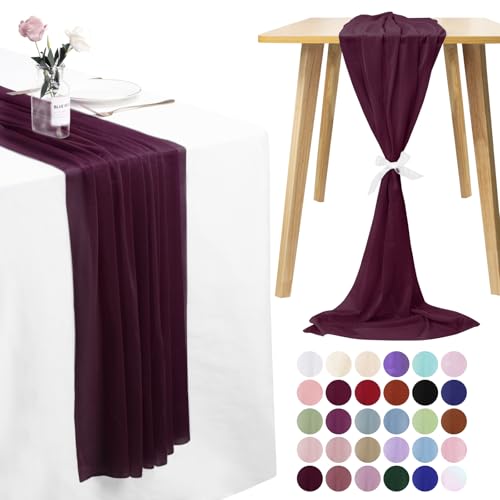 LEREATI 3 Stück Chiffon Tischläufer Dunkles Burgunderrot 75 x 400cm Musselin Tischläufer Hochzeit Dekostoff Tüll Stoff Käsetuch Tischläufer Abwaschbar für Geburtstag, Boho Hochzeit, Partei Tischdeko von LEREATI