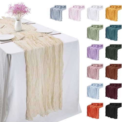 LEREATI 3 Stück Käsetuch Tischläufer Beige 90 x 300cm Chiffon Tischläufer Musselin Tischdecke Modern Abwaschbar Boho Tischläufer für Geburtstag, Hochzeit, Frühling, Küche Tischdeko von LEREATI