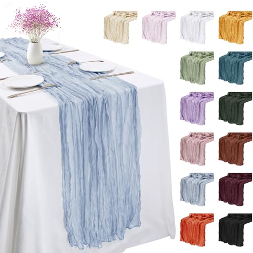 LEREATI 3 Stück Käsetuch Tischläufer Himmelblau 90 x 400cm Chiffon Tischläufer Musselin Tischdecke Modern Abwaschbar Boho Tischläufer für Geburtstag, Hochzeit, Frühling, Küche Tischdeko von LEREATI