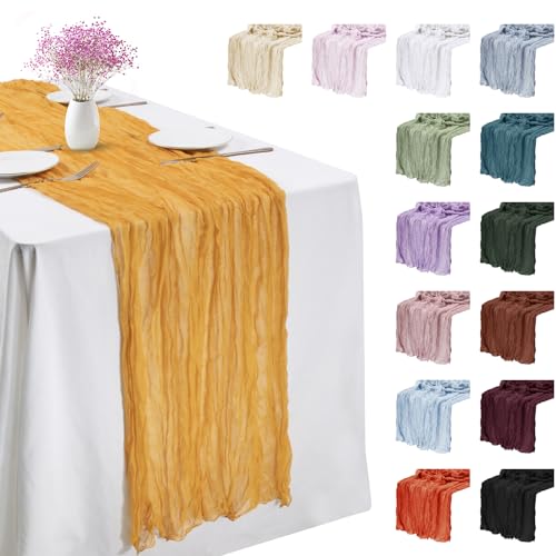 LEREATI 3 Stück Käsetuch Tischläufer Senfgelb 90 x 180cm Chiffon Tischläufer Musselin Tischdecke Modern Abwaschbar Boho Tischläufer für Geburtstag, Hochzeit, Frühling, Küche Tischdeko von LEREATI