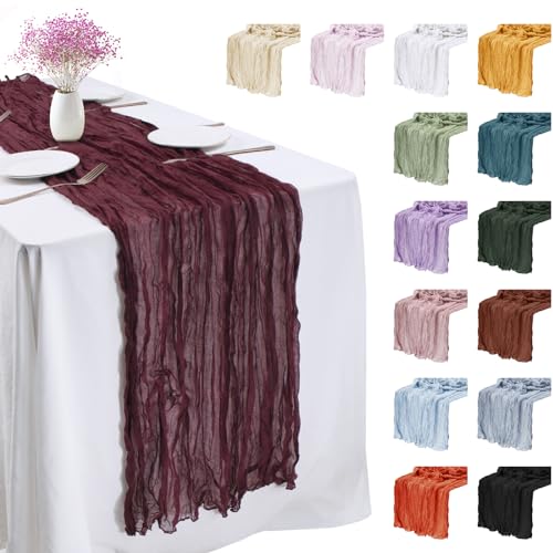 LEREATI 3 Stück Käsetuch Tischläufer Weinrot 90 x 180cm Chiffon Tischläufer Musselin Tischdecke Modern Abwaschbar Boho Tischläufer für Geburtstag, Hochzeit, Frühling, Küche Tischdeko von LEREATI