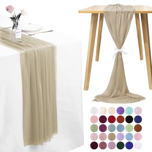 LEREATI Chiffon Tischläufer Dunkel Champagner 75 x 400cm Musselin Tischläufer Hochzeit Dekostoff Tüll Stoff Käsetuch Tischläufer Abwaschbar für Geburtstag, Boho Hochzeit, Partei Tischdeko von LEREATI