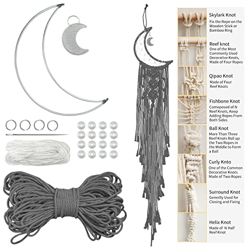 LEREATI DIY Makramee Set für Anfänger, Mond Traumfänger Bastelset Erwachsene, Wandbehänge Dekoration Ornament Makramee Zubehör Set Enthält Makramee Garn 3mm, Metall Ringe, Perlen (Grau) von LEREATI