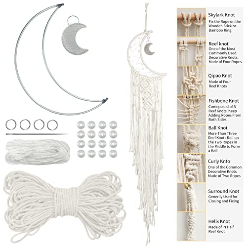 LEREATI DIY Makramee Set für Anfänger, Mond Traumfänger Bastelset Erwachsene, Wandbehänge Dekoration Ornament Makramee Zubehör Set Enthält Makramee Garn 3mm, Metall Ringe, Perlen (Natur) von LEREATI