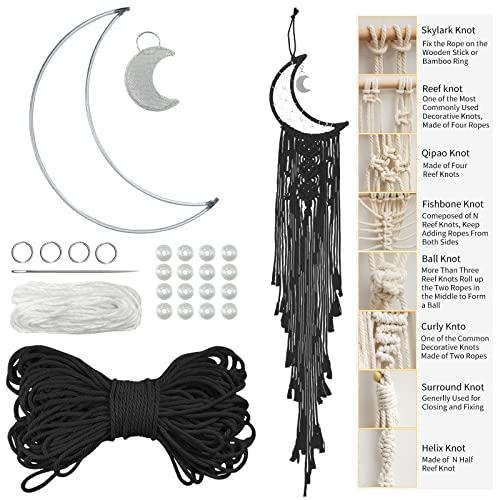 LEREATI DIY Makramee Set für Anfänger, Mond Traumfänger Bastelset Erwachsene, Wandbehänge Dekoration Ornament Makramee Zubehör Set Enthält Makramee Garn 3mm, Metall Ringe, Perlen (Schwarz) von LEREATI