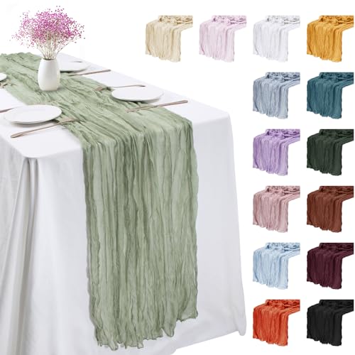 LEREATI Käsetuch Tischläufer Salbei Grün 90 x 300cm Chiffon Tischläufer Musselin Tischdecke Modern Abwaschbar Boho Tischläufer für Geburtstag, Hochzeit, Frühling, Küche Tischdeko von LEREATI