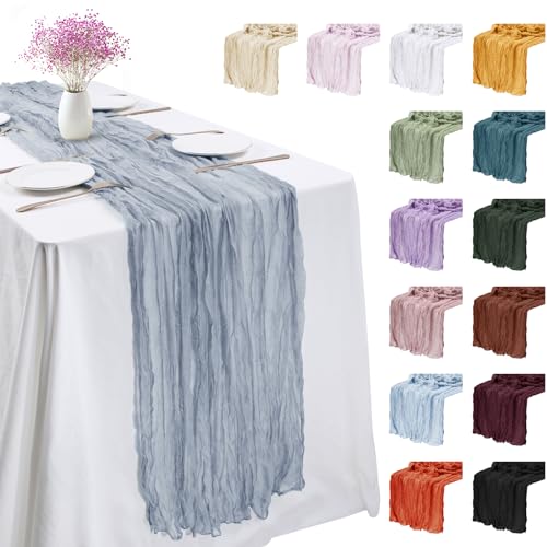 LEREATI Käsetuch Tischläufer Staubiges Blau 90 x 300cm Chiffon Tischläufer Musselin Tischdecke Modern Abwaschbar Boho Tischläufer für Geburtstag, Hochzeit, Frühling, Küche Tischdeko von LEREATI