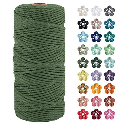 LEREATI Makramee Garn 3mm x 100m Armeegrün Baumwollkordel Natur Baumwollseil Farbig Baumwollgarn, Macrame Cord 3mm für DIY Geflochten, Makramee Deko, Hängepflanze, Wandbehang, Vorhang von LEREATI