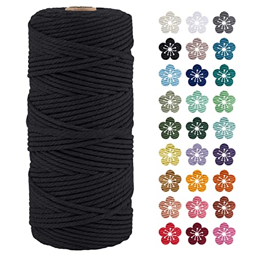 LEREATI Makramee Garn 3mm x 100m Schwarz Baumwollkordel Natur Baumwollseil Farbig Baumwollgarn, Macrame Cord 3mm für DIY Geflochten, Makramee Deko, Hängepflanze, Wandbehang, Vorhang von LEREATI