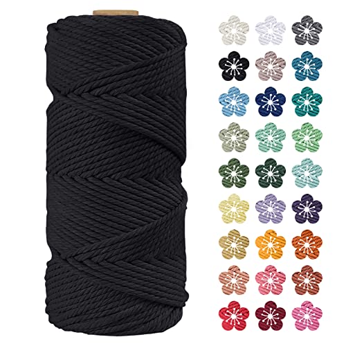 LEREATI Makramee Garn 4mm x 100m Schwarz Baumwollkordel Natur Baumwollseil Farbig Baumwollgarn, Macrame Cord 4mm für DIY Geflochten, Makramee Deko, Hängepflanze, Wandbehang, Vorhang von LEREATI