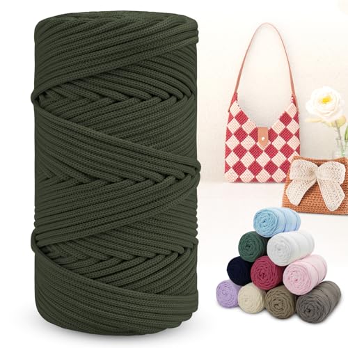 LEREATI Polyester Garn 150m Makramee Garn 4mm Geflochten Polyester-Seil Farbig Häkelgarn, Polyester Macrame Cord 4mm für Häkeltasche Umhängetasche Handtasche Geschenk Strickwaren (Armeegrün) von LEREATI