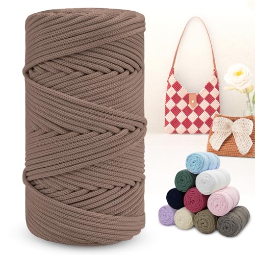 LEREATI Polyester Garn 150m Makramee Garn 4mm Geflochten Polyester-Seil Farbig Häkelgarn, Polyester Macrame Cord 4mm für Häkeltasche Umhängetasche Handtasche Geschenk Strickwaren (Dunkel Kamel) von LEREATI