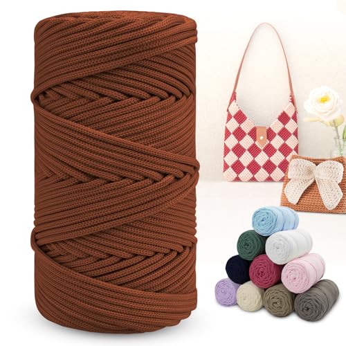 LEREATI Polyester Garn 150m Makramee Garn 4mm Geflochten Polyester-Seil Farbig Häkelgarn, Polyester Macrame Cord 4mm für Häkeltasche Umhängetasche Handtasche Geschenk Strickwaren (Gelb-Kaffee) von LEREATI