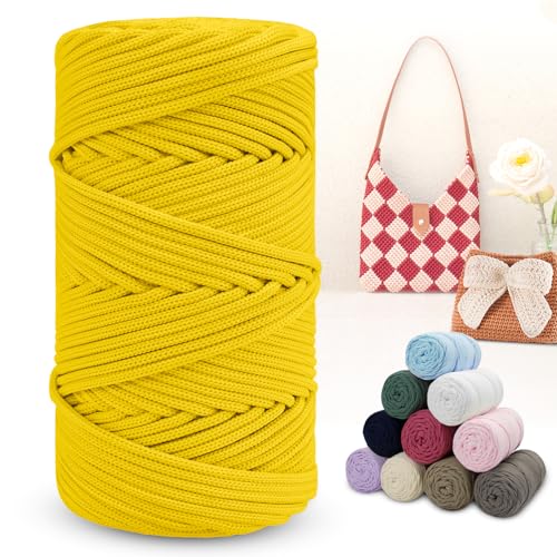LEREATI Polyester Garn 150m Makramee Garn 4mm Geflochten Polyester-Seil Farbig Häkelgarn, Polyester Macrame Cord 4mm für Häkeltasche Umhängetasche Handtasche Geschenk Strickwaren (Helles Gelb) von LEREATI