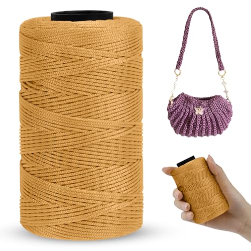 LEREATI Polyester Garn 1mm x 230m Makramee Garn 1mm Baumwollgarn Macrame Cord Polyester-Seil Baumwollkordel für Handtasche, Umhängetasche, Häkeltasche, Strickwaren (Khaki-Gelb) von LEREATI
